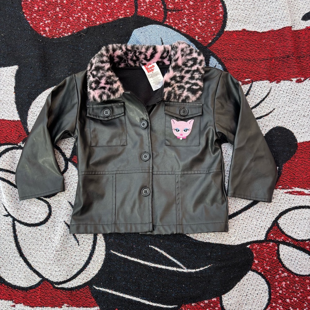 VINTAGE PARK BENCH KIDS BLACK LEOPARD FUR KITTY PATCH JACKET SIZE 3T